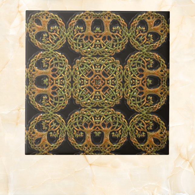 Double Tree of Life Faux on Black Embossed Pattern Ceramic Tile (Creator Uploaded)