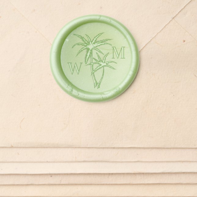 Double Tropical Palm Tree Wedding Monogram Wax Seal Sticker (Front)