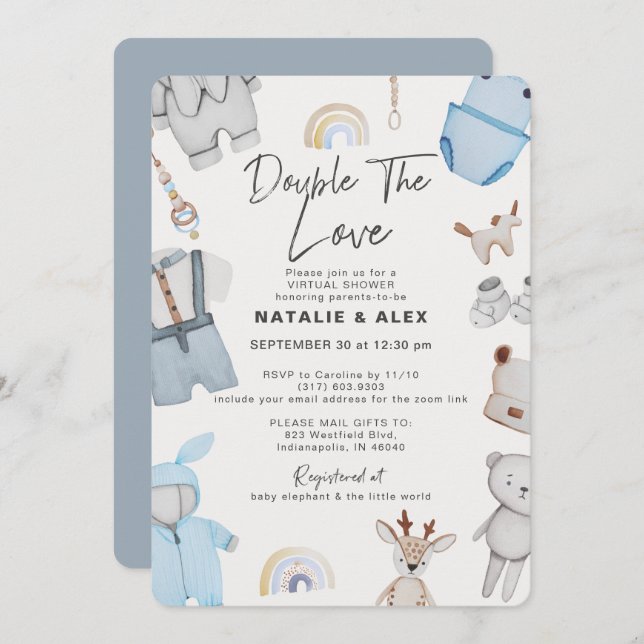 Double Trouble Clothes Twin Boy Virtual Shower Inv Invitation (Front/Back)