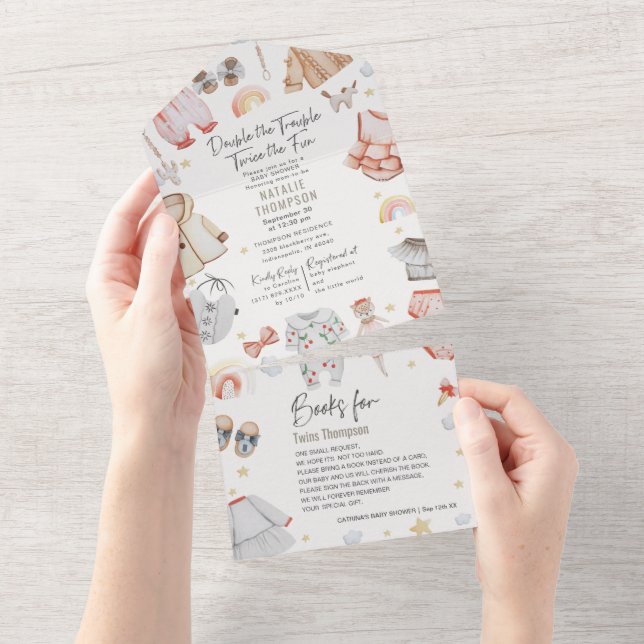 Double Trouble Clothes Twins Girls Books Baby Show All In One Invitation (Tearaway)