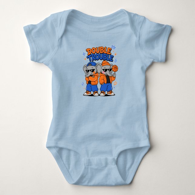 Double Trouble Cool Twin Elephants – A Baby Bodysuit (Front)