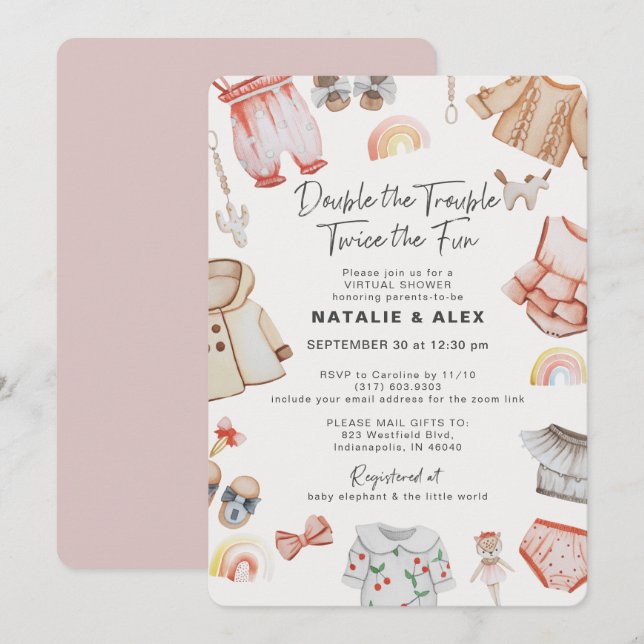 Double Trouble Girl Twins Pink Virtual Baby Shower Invitation (Front/Back)