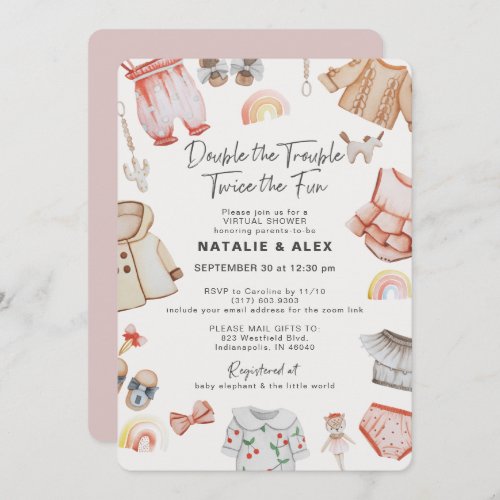 Double Trouble Girl Twins Pink Virtual Baby Shower Invitation