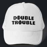 DOUBLE TROUBLE tennis trucket hat for team players<br><div class="desc">DOUBLE TROUBLE tennis trucket hat for team players. Sports cap for men women and kids (boy or girl) playing together. Cool gift ideas for doubles team, tennis coach, player, high school team and fans. Tennis ball design with modern typography. Tennis humor quote. Sun protection caps for him and her.</div>