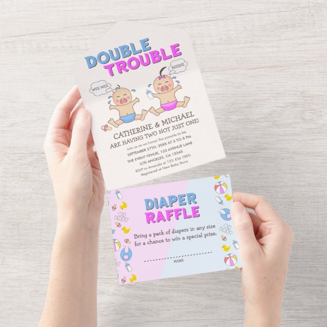 Double Trouble Twin Boy & Girl Baby Shower All In One Invitation (Tearaway)