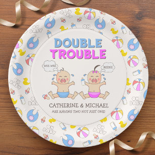 Double Trouble Twin Boy & Girl Baby Shower Paper Plates