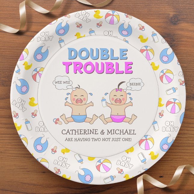 Double Trouble Twin Boy & Girl Baby Shower Paper Plates (Creator Uploaded)