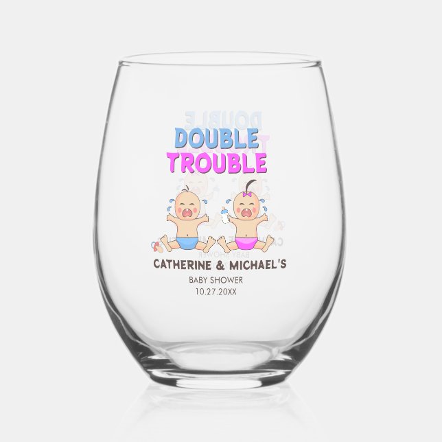 Double Trouble Twin Boy & Girl Baby Shower Stemless Wine Glass (Back)