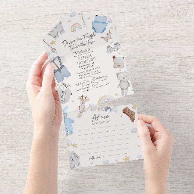 Double Trouble Twin Boys & Advice Baby Shower All In One Invitation (Tearaway)