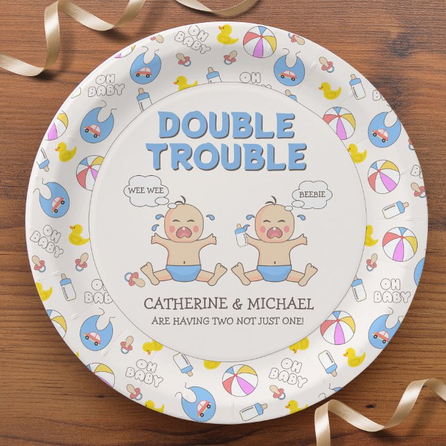Double Trouble Twin Boys Baby Shower Paper Plates (Creator Uploaded)