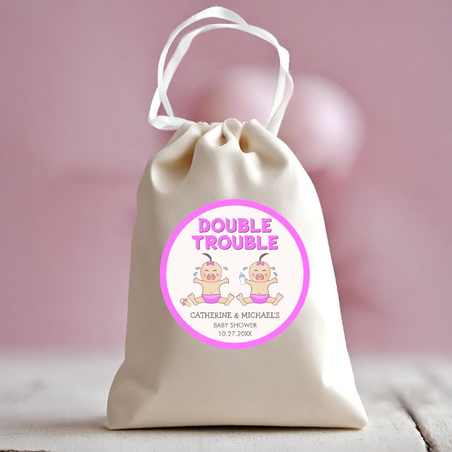 Double Trouble Twin Girls Baby Shower Classic Round Sticker (Creator Uploaded)