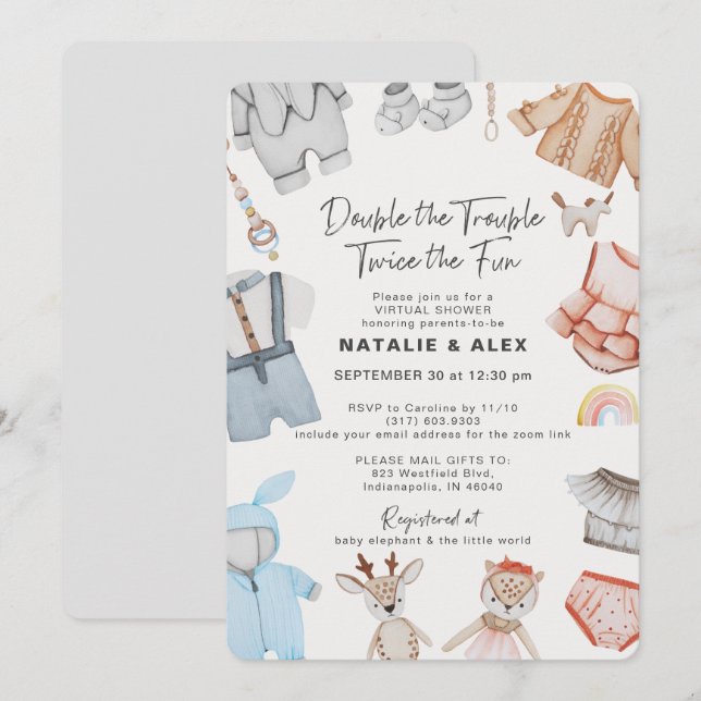 Double Trouble Twins Boy Girl Virtual Baby Shower Invitation (Front/Back)