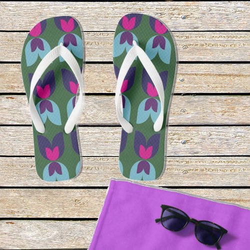 Double Tulips pattern in Green and Blue Flip Flops