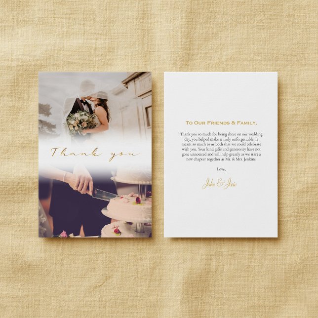 Double wedding photo, elegant gold script thank you card (Creator Uploaded)