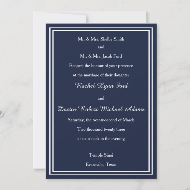 Double White/Navy Trim -5x7Wedding Invitation (Front)
