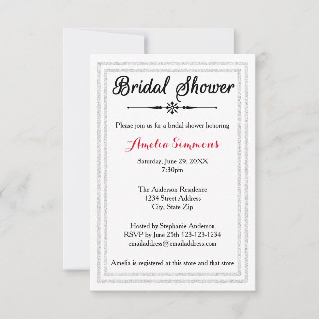 Double White Silver Trim -3x5 Bridal Shower Invite (Front)