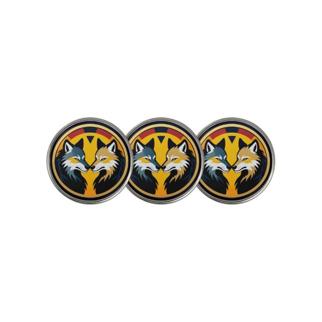 Double Wolf Emblem Logo With Golden Circle Golf Ball Marker (3 Up)