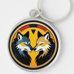 Double Wolf Emblem Logo With Golden Circle Keychain