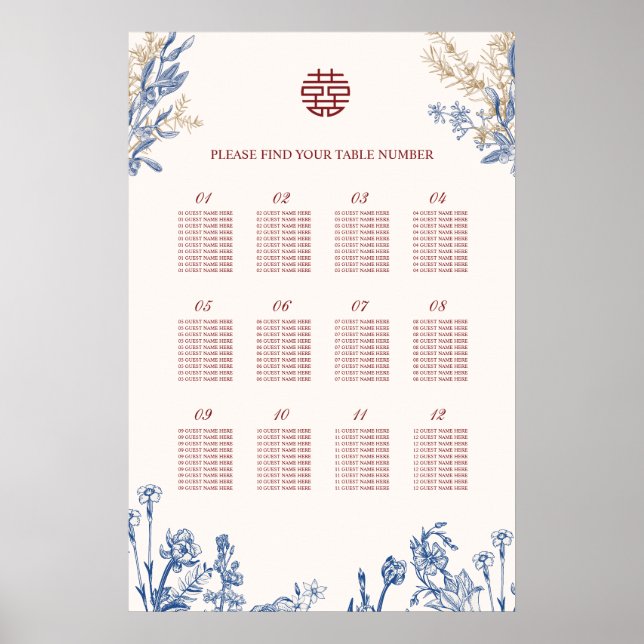 Double Xi Chinese Wedding 12 Table Seating Chart (Front)