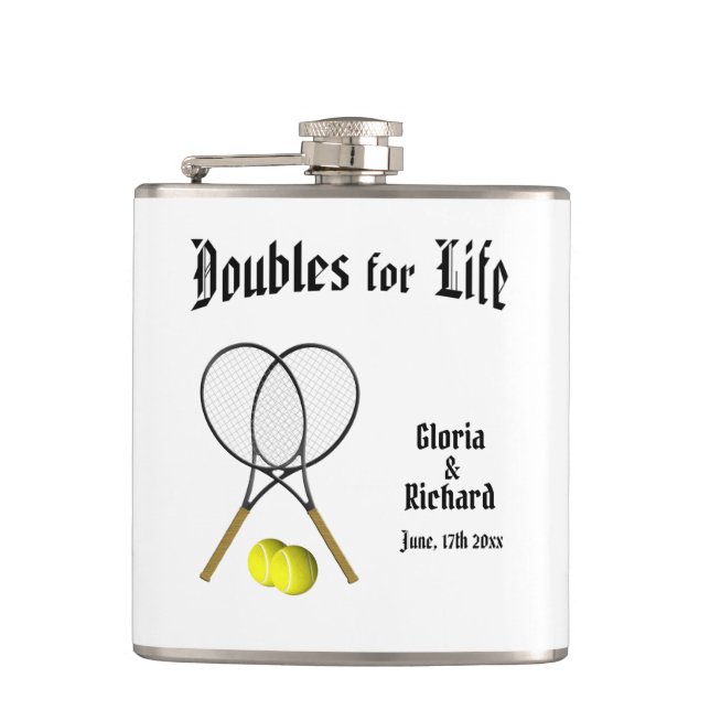 Doubles for  Life Tennis Wedding Flask (Front)