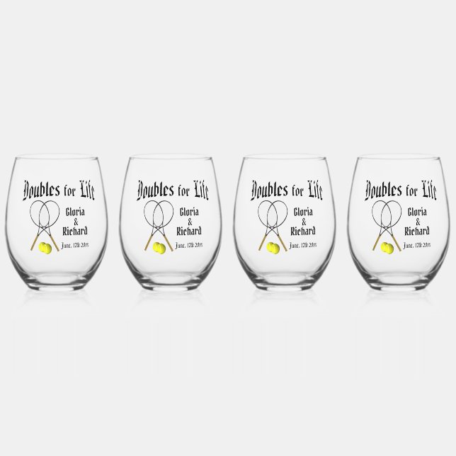 Doubles for  Life Tennis Wedding Stemless Wine Glass (Front)