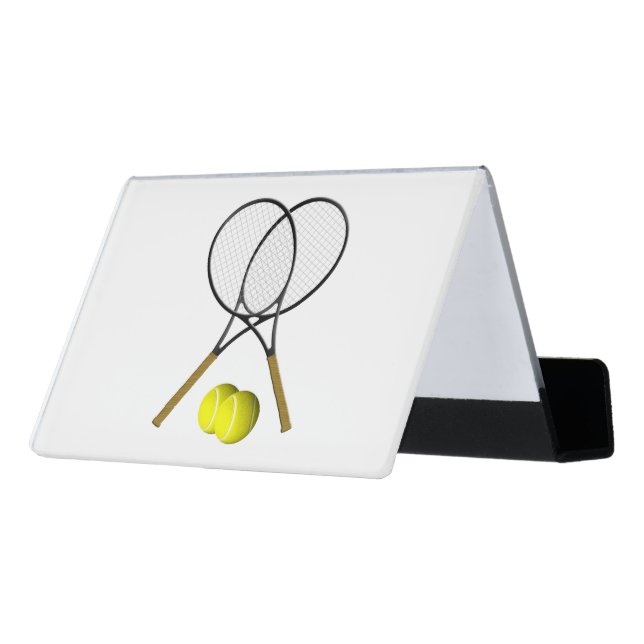 Doubles Tennis Sport Theme Desk Business Card Holder (Angled Back)