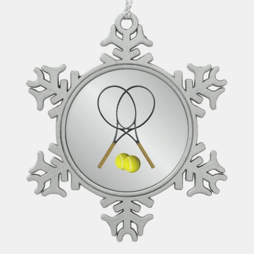 Doubles Tennis Sport Theme Silver Snowflake Pewter Christmas Ornament