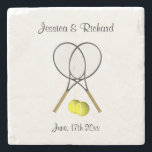 Doubles Through Life Tennis Wedding Coaster<br><div class="desc">Crossed tennis rackets with two tennis balls beneath them . The ultimate tennis sport design made with names at top and date at bottom. Use for wedding,  anniversary or even tennis club dinner or bar.</div>