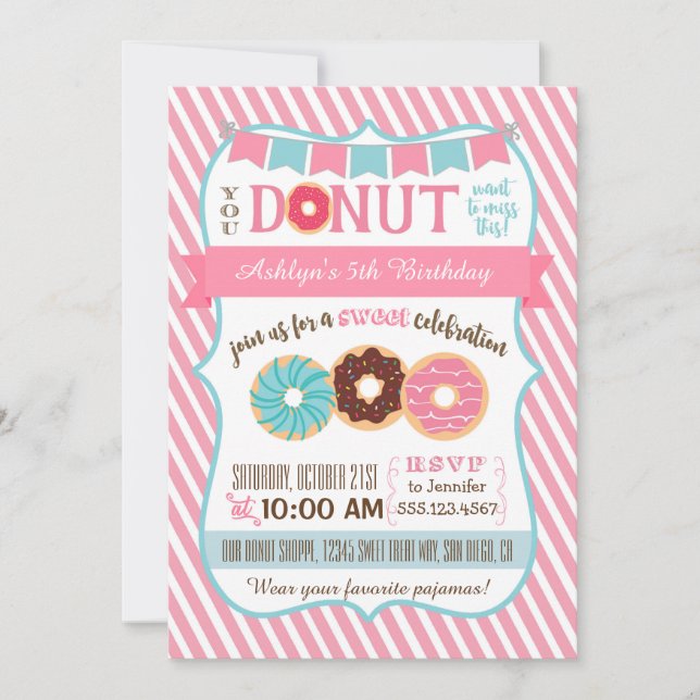 Doughnut Donut Birthday Party Invitation Pink Girl (Front)