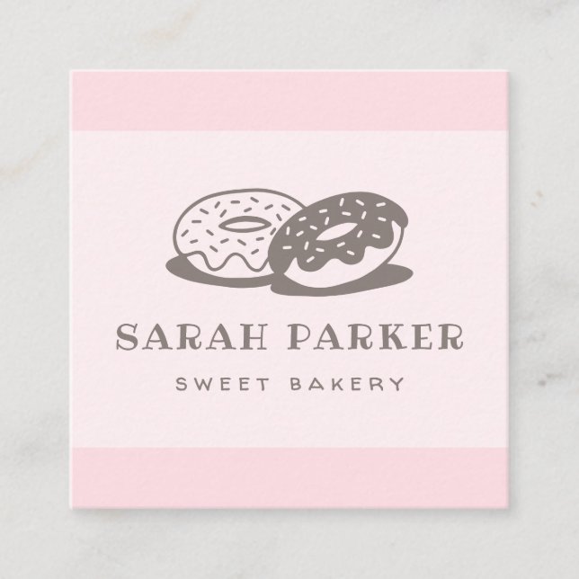 Doughnut donut whimsical baker bakery pink cute square business card (Front)