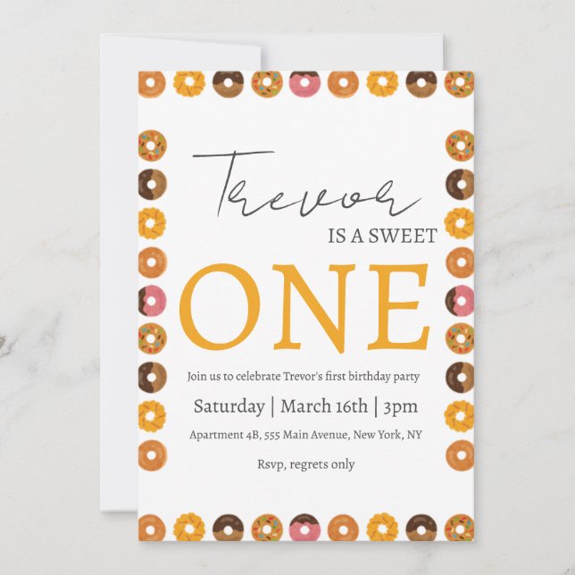 Doughnut illustration sweet one birthday invitation (Front)