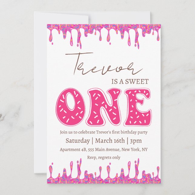 Doughnut illustration sweet one birthday invitation (Front)
