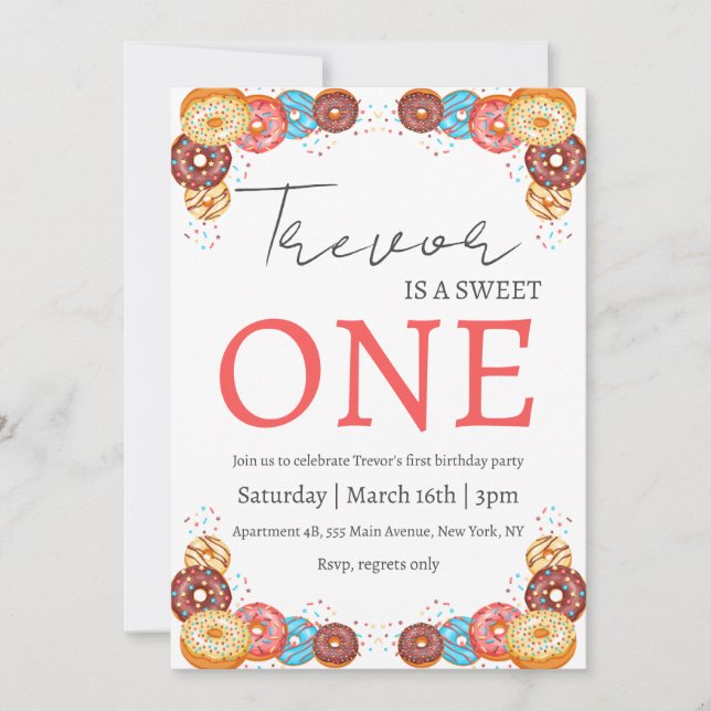 Doughnut illustration sweet one birthday invitation (Front)