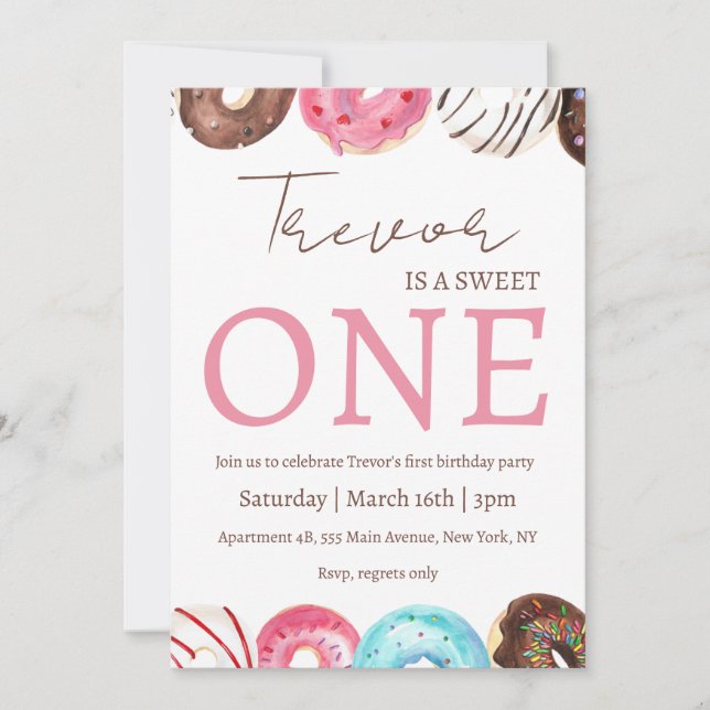 Doughnut illustration sweet one birthday invitation (Front)
