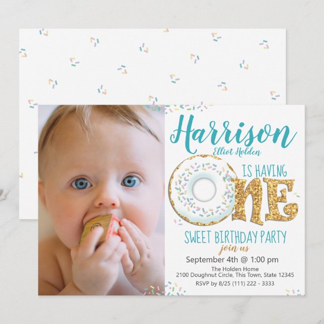 Doughnut One Sweet 1st Birthday Party Photo Invitation (Front/Back)