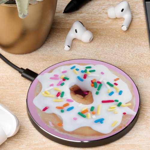 Doughnut pink White frosting sprinkle cake Wireless Charger