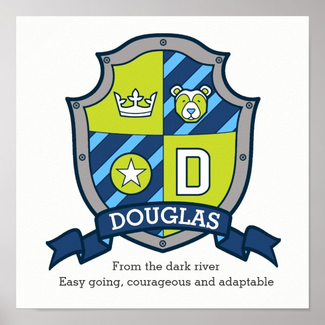 Douglas boys D name meaning bear crest poster (Front)