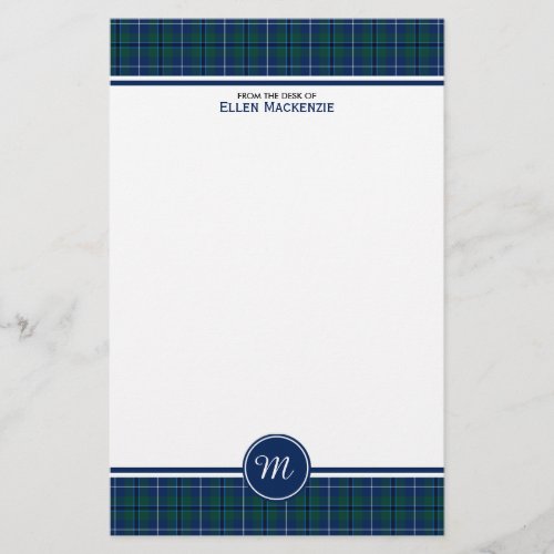 Douglas Clan Dark Blue Modern Tartan Monogram Stationery