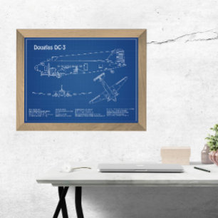 Douglas DC-3 - Airplane Blueprint Drawing Plans AD Photo Print