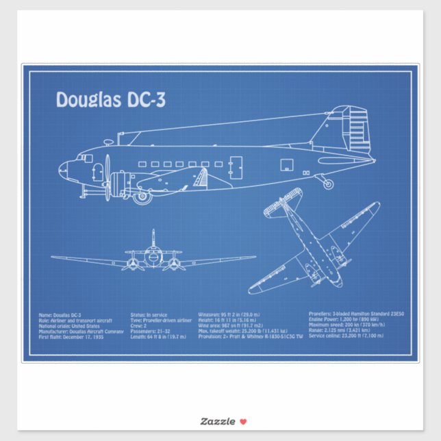 Douglas DC-3 - Airplane Blueprint Drawing Plans AD Sticker (Sheet)