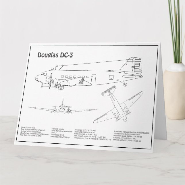 Douglas DC-3 - Airplane Blueprint Drawing Plans BD Thank You Card (Front)