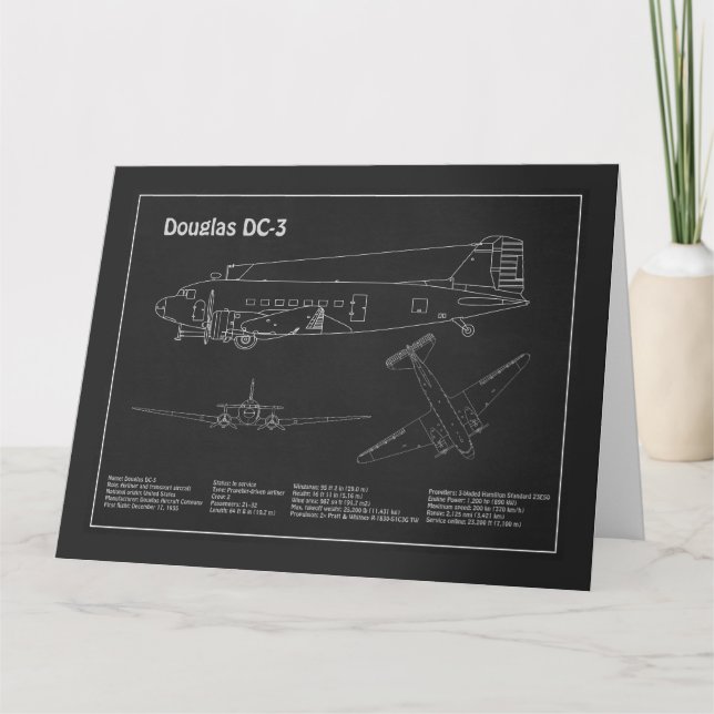 Douglas DC-3 - Airplane Blueprint Drawing Plans PD Letterpress Thank You Card (Front)