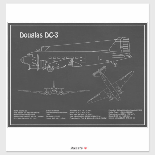 Douglas DC-3 - Airplane Blueprint Drawing Plans PD Sticker (Sheet)