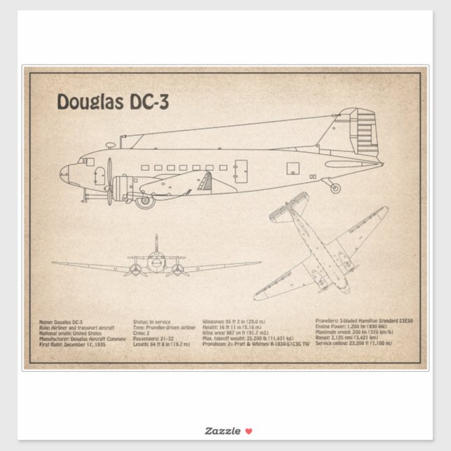 Douglas DC-3 - Airplane Blueprint Drawing Plans SD Sticker (Sheet)