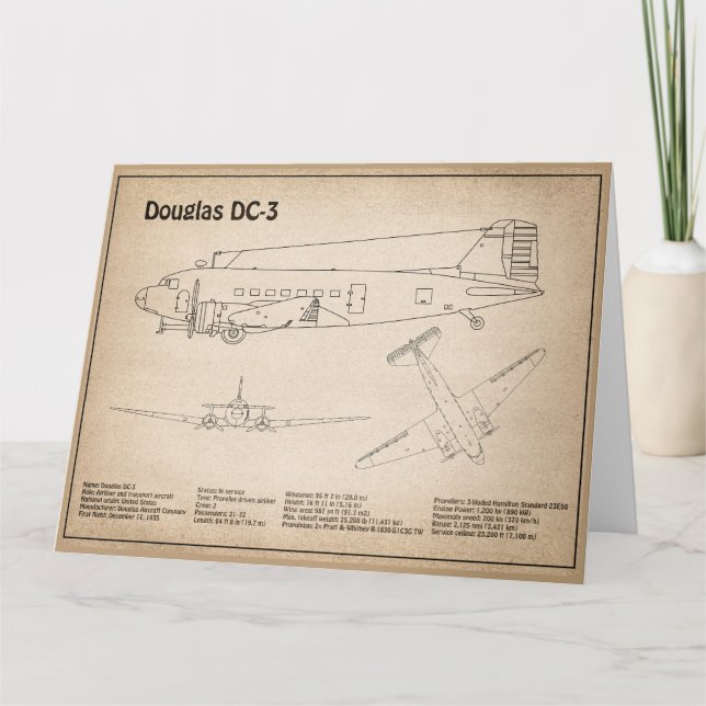 Douglas DC-3 - Airplane Blueprint Drawing Plans SD Thank You Card (Front)