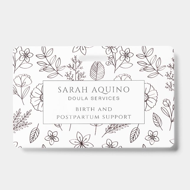 Doula Badge Hand Drawn Floral On White (Front)