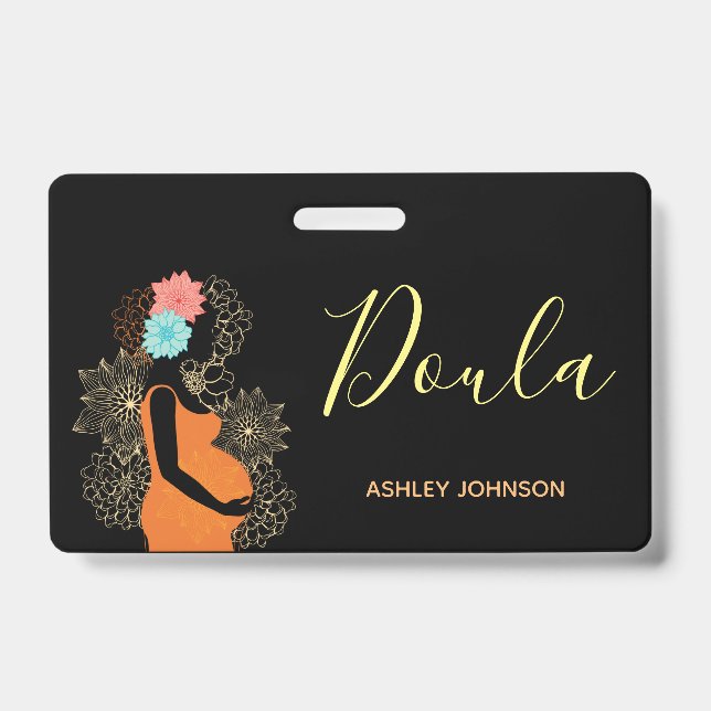 Doula Birth Coach Midwife Floral Calligraphy Black Badge (Front)