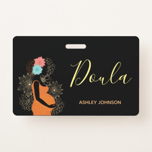 Doula Birth Coach Midwife Floral Calligraphy Black Badge
