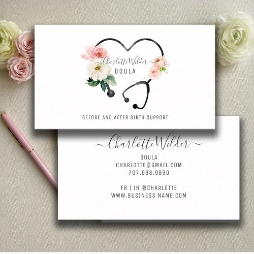Doula Floral Stethoscope Business Card