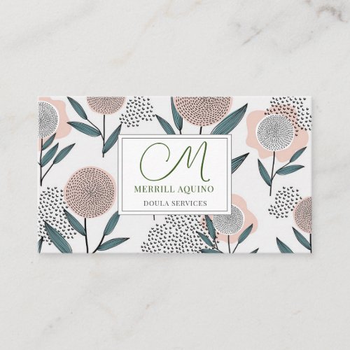 Doula Services Hand Drawn Floral Monogrammed Business Card